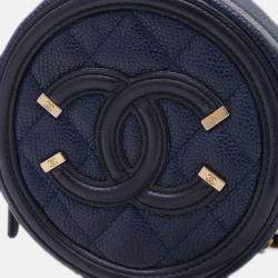 Pre Owned Chanel Cc Filigree Round Chain Shoulder Bag Caviar Navy