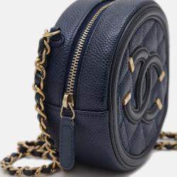 Pre Owned Chanel Cc Filigree Round Chain Shoulder Bag Caviar Navy