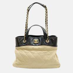 Pre Owned Chanel Matelasse In The Mix Chain Shoulder Tote Bag Handbag Leather Beige Black