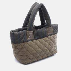 Pre Owned Chanel CC Coco Small Khaki Green Nylon Leather Tote