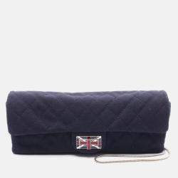Pre Owned Chanel Navy Blue Cotton Jersey Chain Shoulder Bag