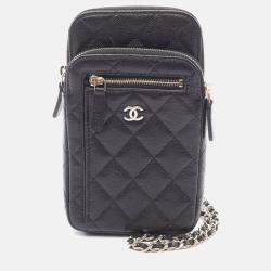 Pre Owned Chanel Matelasse Black Calfskin Phone Holder Shoulder Bag GHW
