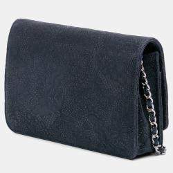 Pre Owned Chanel Navy Blue Lace Overlay Goatskin Wallet On Chain