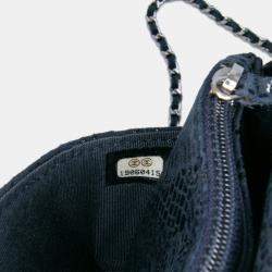 Pre Owned Chanel Navy Blue Lace Overlay Goatskin Wallet On Chain
