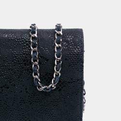 Pre Owned Chanel Navy Blue Lace Overlay Goatskin Wallet On Chain