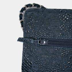 Pre Owned Chanel Navy Blue Lace Overlay Goatskin Wallet On Chain