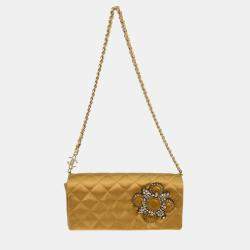 Pre Owned Chanel Gold Satin Straight Flap Shoulder Bag