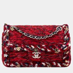 Pre Owned Chanel Red Small Classic Tweed Charm Double Flap