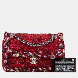 Pre Owned Chanel Red Small Classic Tweed Charm Double Flap