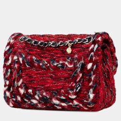 Pre Owned Chanel Red Small Classic Tweed Charm Double Flap