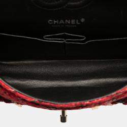 Pre Owned Chanel Red Small Classic Tweed Charm Double Flap