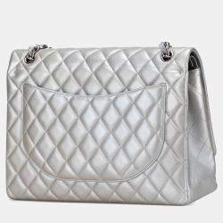 Pre Owned Chanel Silver Maxi Classic Lambskin Double Flap
