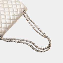 Pre Owned Chanel Silver Maxi Classic Lambskin Double Flap