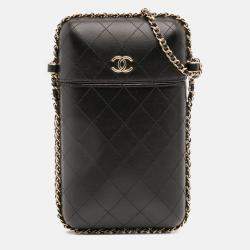 Pre Owned Chanel Black CC Quilted Lambskin Chain Around Phone Holder