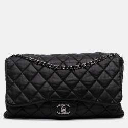Pre Owned Chanel Black Maxi Quilted Lambskin 3 Flap