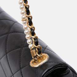 Pre Owned Chanel Black Mini Quilted Calfskin Crystal Pearls Chain Flap