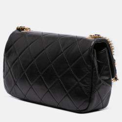 Pre Owned Chanel Black Mini Quilted Calfskin Crystal Pearls Chain Flap