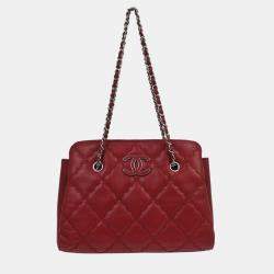 Pre Owned Chanel Bordeaux Calfskin Hamptons Ultra Stitch Tote Chain Handbag