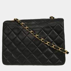 Pre Owned Chanel Black Lambskin Classic Square Flap Shoulder Bag