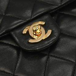 Pre Owned Chanel Black Lambskin Classic Square Flap Shoulder Bag