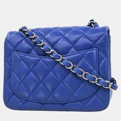 Pre Owned Chanel Blue Lambskin Mini Classic Square Flap Shoulder Bag