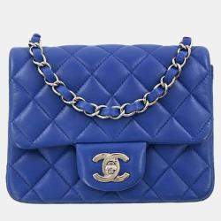 Pre Owned Chanel Blue Lambskin Mini Classic Square Flap Shoulder Bag