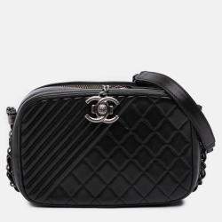 Pre Owned Chanel Black Small Quilted Lambskin Coco Boy Camera Bag