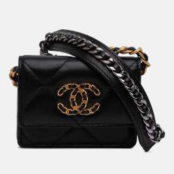 Pre Owned Chanel Black Lambskin 19 Flap Coin Purse With Chain
