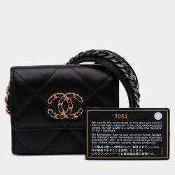 Pre Owned Chanel Black Lambskin 19 Flap Coin Purse With Chain