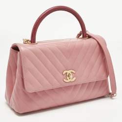 Pre Owned Chanel Pink/Fuchsia Chevron Leather and Lizard Small Coco Top Handle Bag