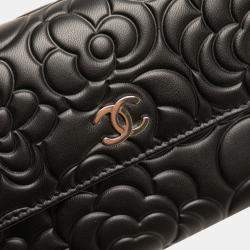Pre Owned Chanel Black CC Lambskin Embossed Camellia Flap Wallet