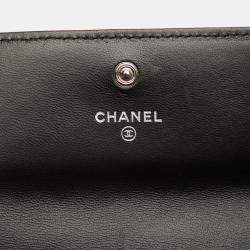 Pre Owned Chanel Black CC Lambskin Embossed Camellia Flap Wallet