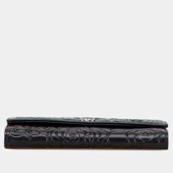 Pre Owned Chanel Black CC Lambskin Embossed Camellia Flap Wallet