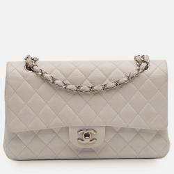 Pre Owned Chanel White Medium Classic Caviar Double Flap