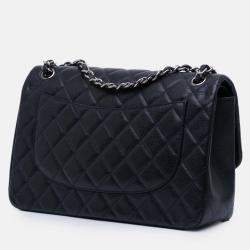 Pre Owned Chanel Navy Blue Jumbo Classic Caviar Double Flap