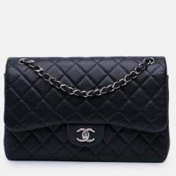 Pre Owned Chanel Navy Blue Jumbo Classic Caviar Double Flap