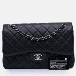 Pre Owned Chanel Navy Blue Jumbo Classic Caviar Double Flap