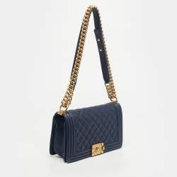 Pre Owned Chanel Navy Blue Caviar Quilted Leather Medium Boy Flap Bag
