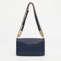 Pre Owned Chanel Navy Blue Caviar Quilted Leather Medium Boy Flap Bag