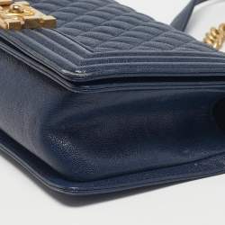 Pre Owned Chanel Navy Blue Caviar Quilted Leather Medium Boy Flap Bag