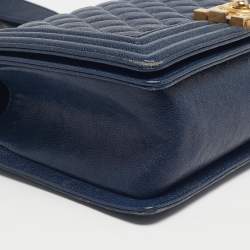 Pre Owned Chanel Navy Blue Caviar Quilted Leather Medium Boy Flap Bag