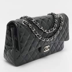 Pre Owned Chanel Green Quilted Patent Leather Medium Classic Double Flap Bag