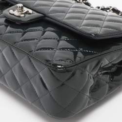 Pre Owned Chanel Green Quilted Patent Leather Medium Classic Double Flap Bag