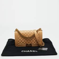 Pre Owned Chanel Beige Shimmer Quilted Leather Medium Classic Boy Flap Bag