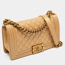 Pre Owned Chanel Beige Shimmer Quilted Leather Medium Classic Boy Flap Bag