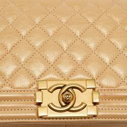 Pre Owned Chanel Beige Shimmer Quilted Leather Medium Classic Boy Flap Bag