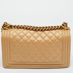 Pre Owned Chanel Beige Shimmer Quilted Leather Medium Classic Boy Flap Bag