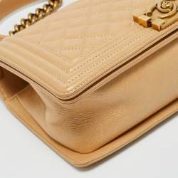 Pre Owned Chanel Beige Shimmer Quilted Leather Medium Classic Boy Flap Bag