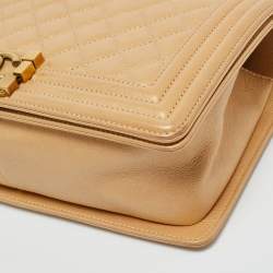 Pre Owned Chanel Beige Shimmer Quilted Leather Medium Classic Boy Flap Bag