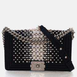 Pre Owned Chanel Medium Pearl Embellished Satin Boy Bag